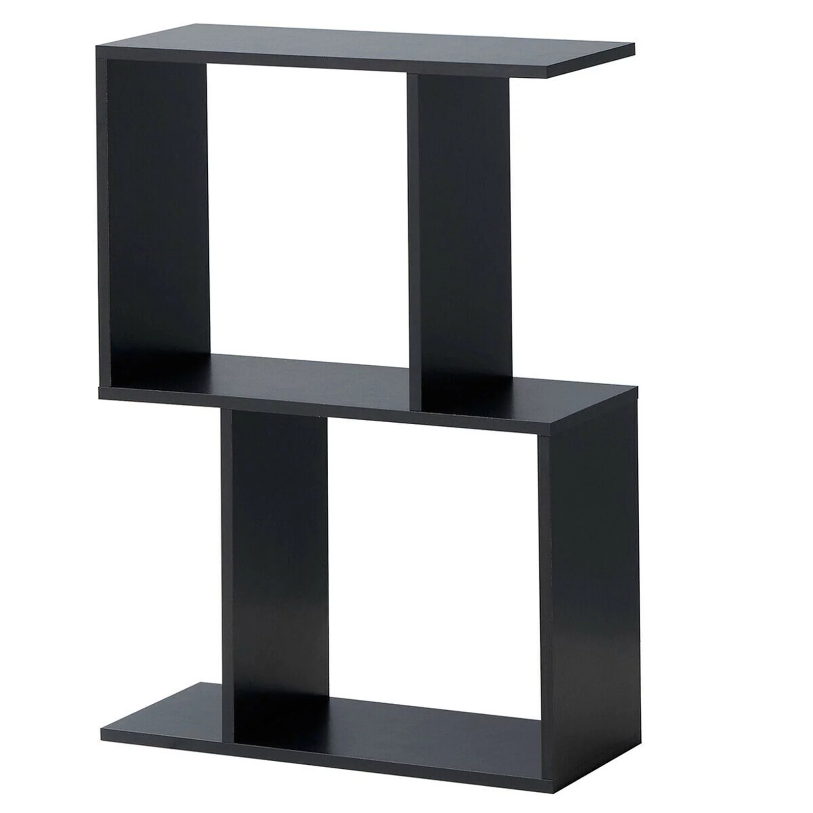 2-Tier S-Shaped Bookcase Wooden Storage Rack for Display and Decor in Black