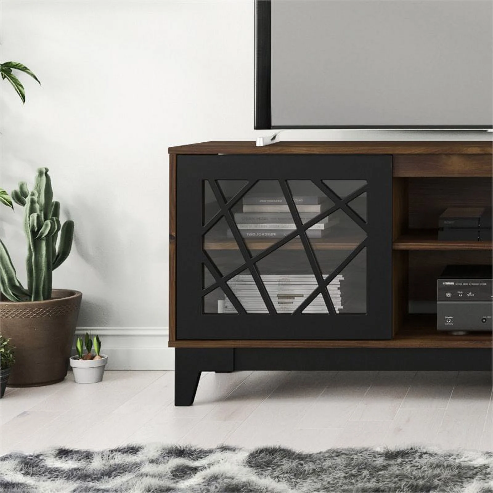 Nexera Graphik TV Stand with 2 Glass Doors for TVs up to 80 in., Black and Truffle