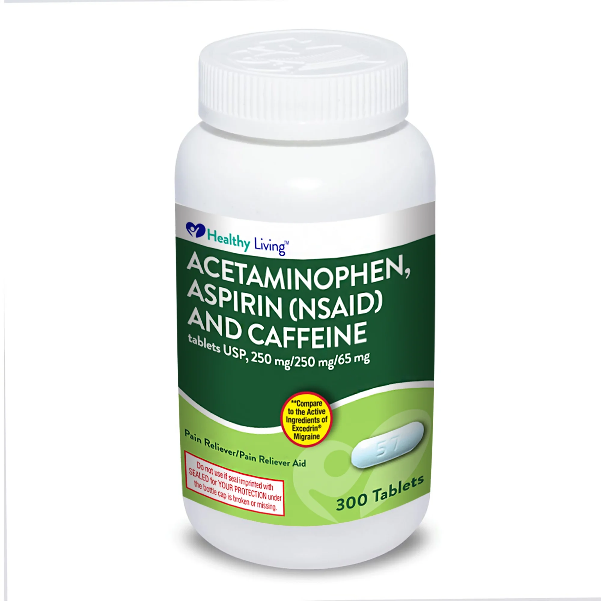 Healthy Living Migraine Relief, Acetaminophen, Aspirin (NSAID) & Caffeine Tablets, Migraine Headache Relief, Pain Reliever/Pain Reliever Aid, 300 Count