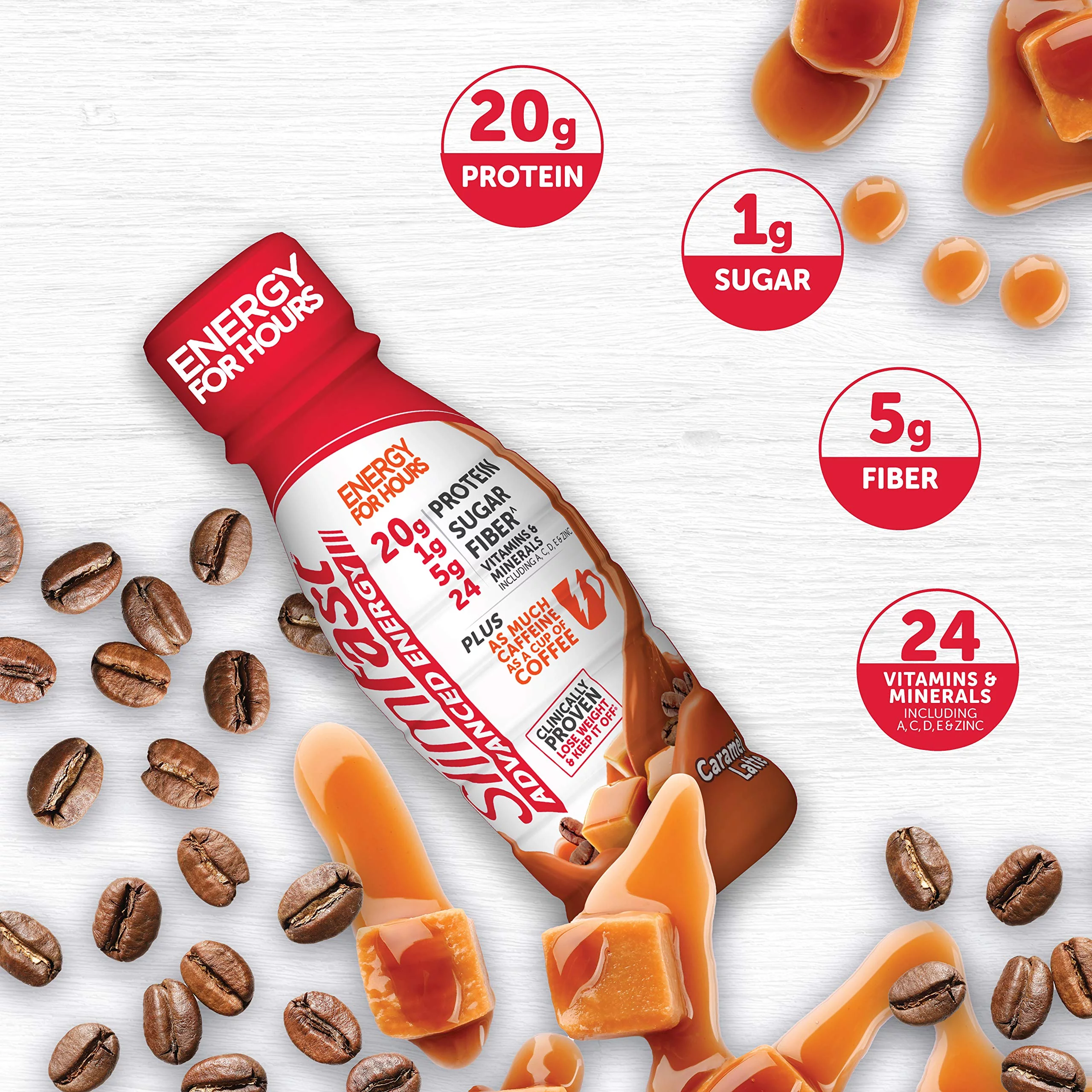 Slimfast Advanced Energy High Protein Meal Replacement Shake, Caramel Latte, 20G Of Ready To Drink Protein With Caffeine, 11 Fl. Oz Bottle, 4 Count