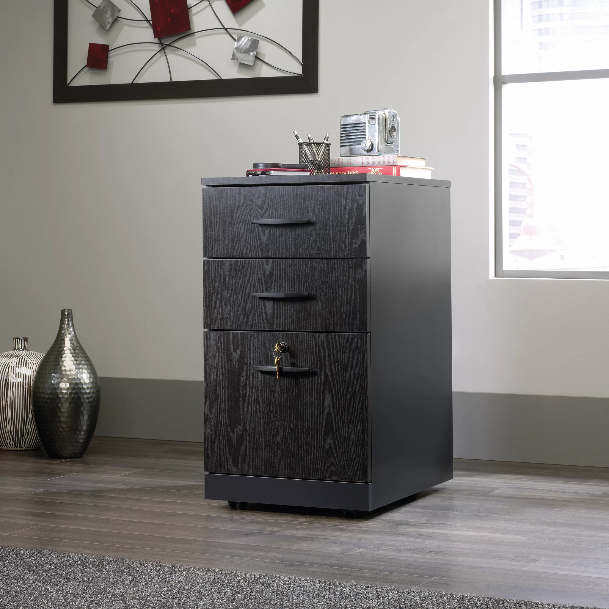 Sauder Via 3-Drawer Pedestal File Cabinet, Bourbon Oak Finish