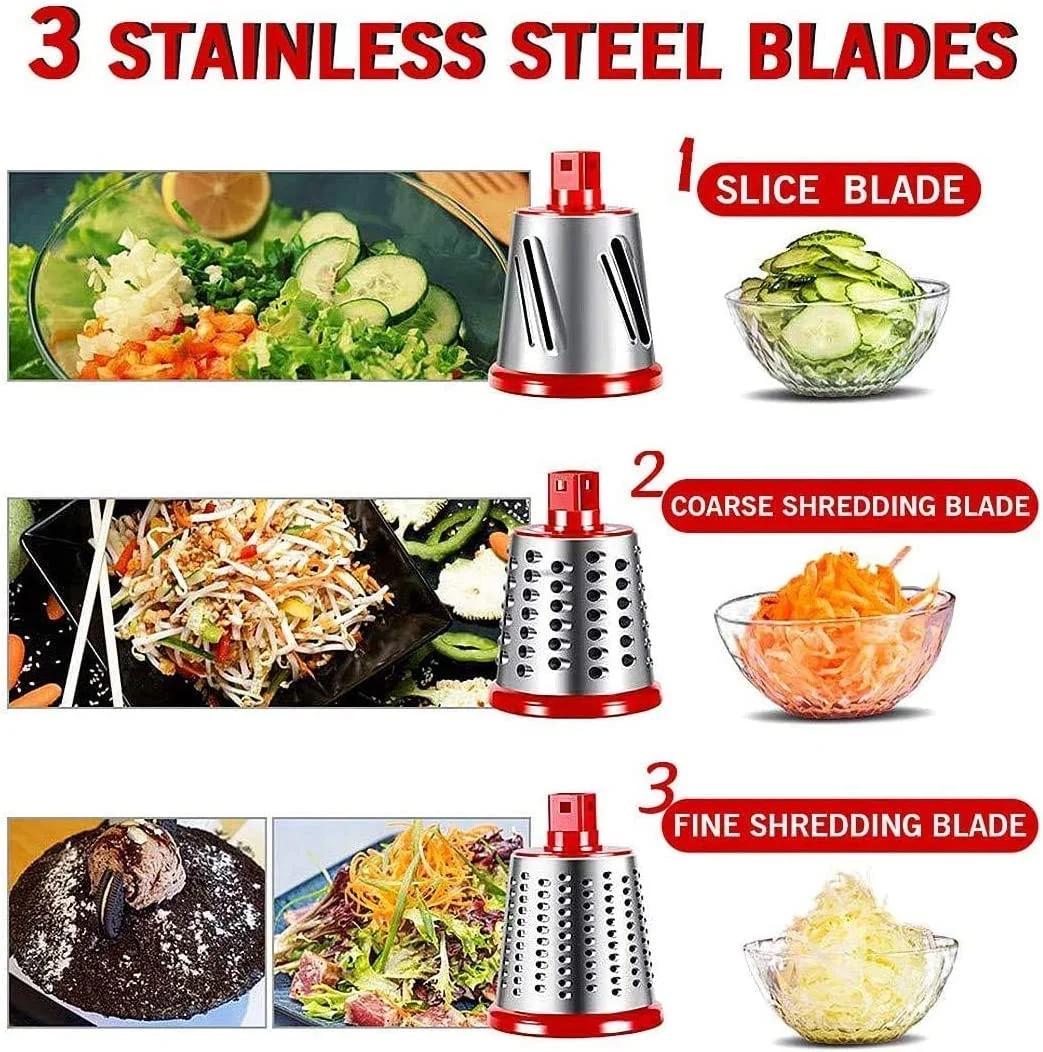 Multifunctional Vegetable and Fruit Slicer, Drum Cheese Slicer with 3 Stainless Steel Rotating Blades, BPA-Free, Manual and Safe Grinding, Slicer (Gray)