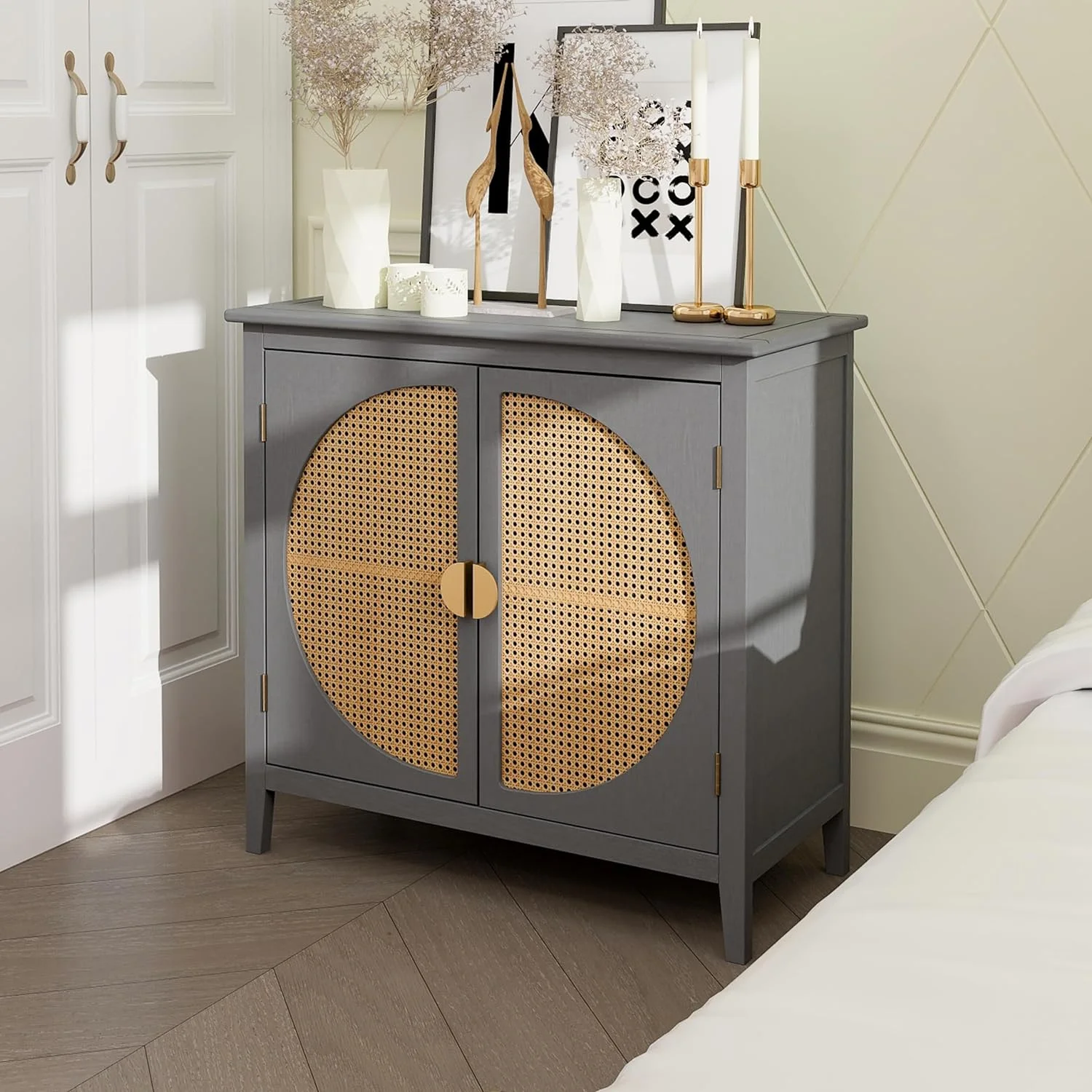 Buffet Sideboard Storage Cabinet-Accent American Furniture with Natural Rattan 2 Doors,Wood Mordern Console Table for Kitchen,Living Room,Bedroom,Dining Room,Entryway (Red)