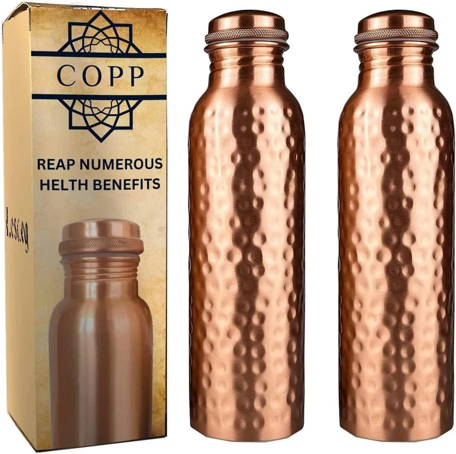 Copper Water Bottle And Glass Extra Large A Hammered Ayurvedic Pure Copper Drink More Water Lower Your Sugar (Hammered Bottle Pack of 2)