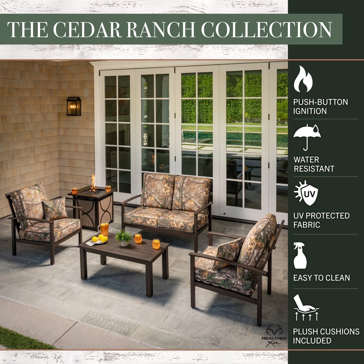 Hanover Cedar Ranch 5-Piece Outdoor Patio Furniture Set, 2 Deep Seating Chairs, Loveseat, Coffee Table, and Sling Gas Fire Pit, Thick RealTree Printed