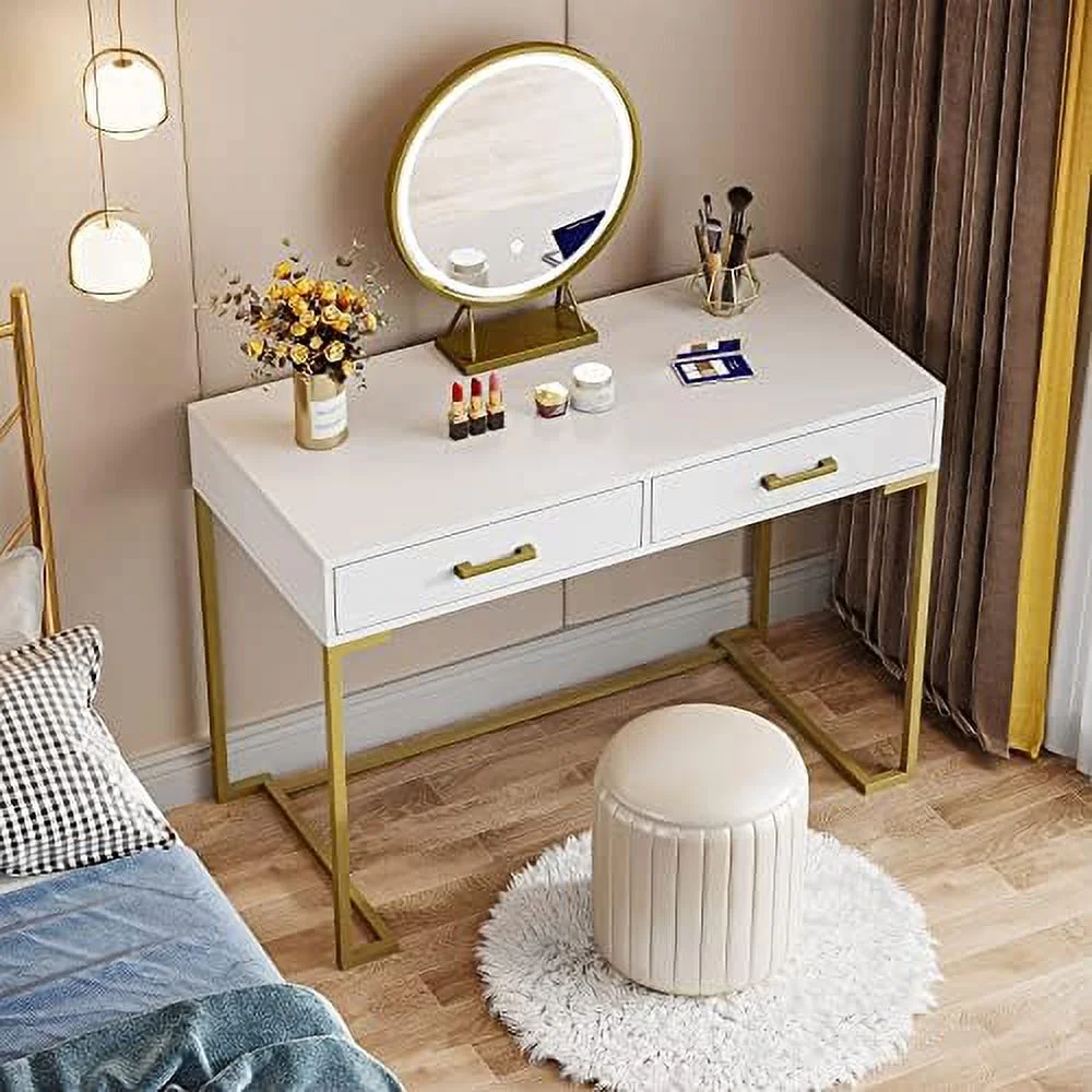 JDZHAPPYLIFE Vanity Desk with 2 Drawers  White Small  Vanity  Modern Vanity Table Dressing Desk for Women Girls Gifts (Without Mirror) 39" W