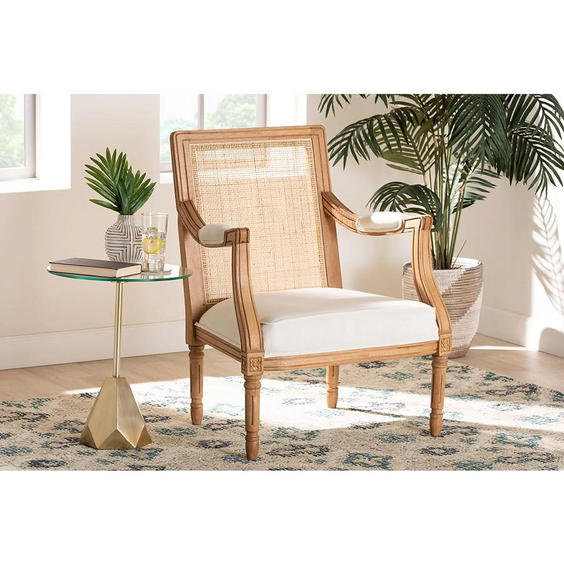 bali & pari Garridan Traditional French Beige Fabric and Honey Oak Finished Wood Accent Chair