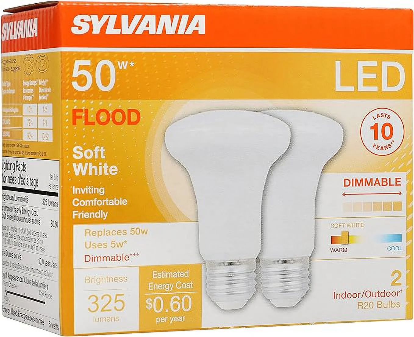 SYLVANIA LED Flood R20 Light Bulb, 50W=5W, 10 Year, 325 Lumens, E26 Medium Base, Dimmable, 2700K, Soft White - 2 Pack (73993)
