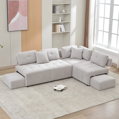 JHOOTUUO 91.73” L-shaped Sofa Sectional Sofa Couch with 2 Stools and 2 Lumbar Pillows for Living Room  Biege