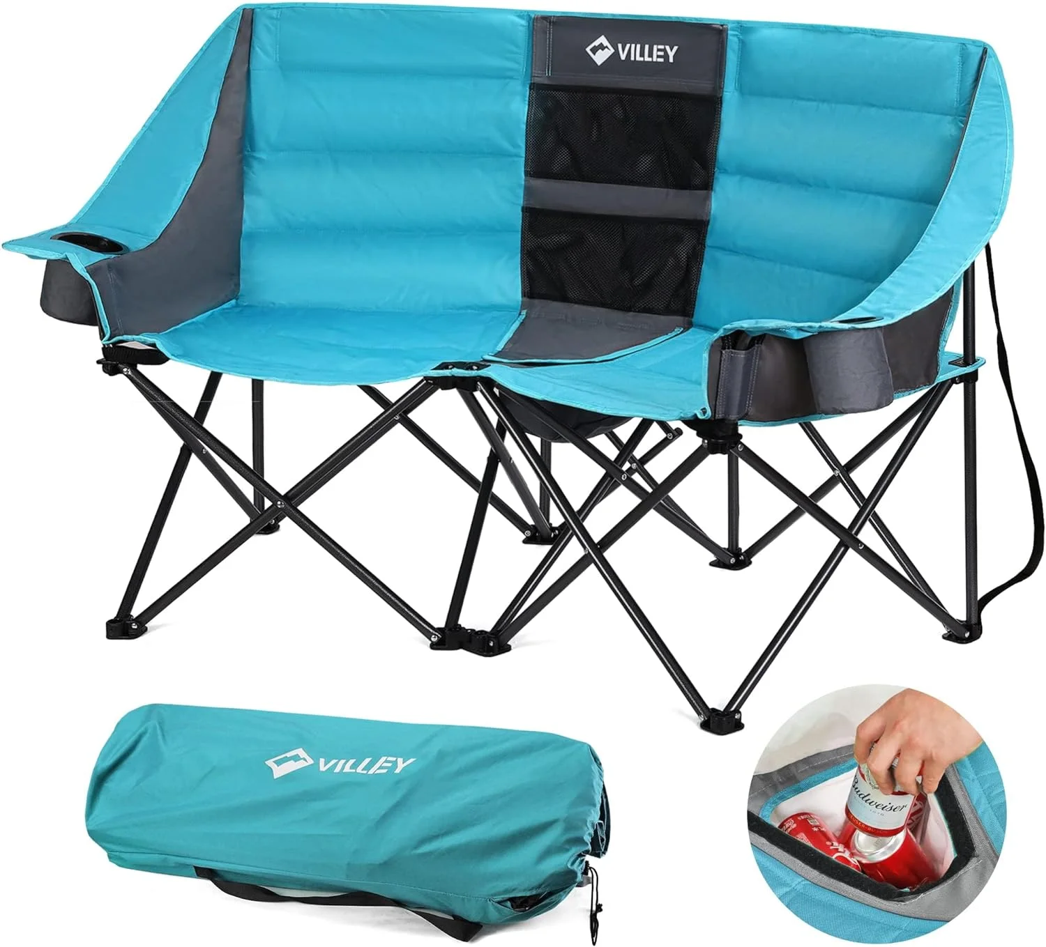 HYUN Double Camping Chair w/Cooler Bag, Extra Wide Loveseat, Heavy Duty Padded Camping Couch, Portable Folding Chair w/Carry Bag Steel Frame Cup Holders for Camp Lawn Picnic Sports, Support 600LBS
