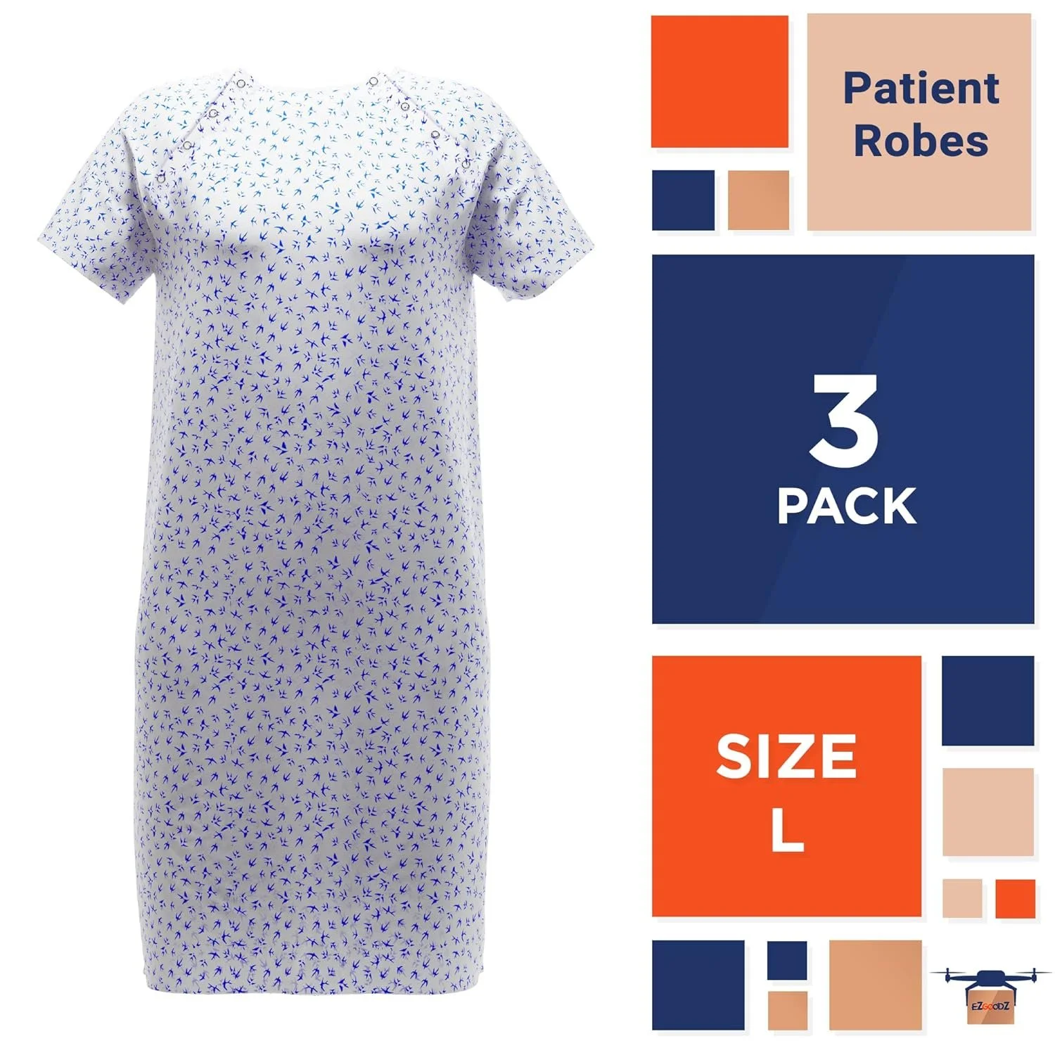 Poly-Cotton Patient Gown, Large. 3 Pack Cloth Hospital Gowns for Men with Front, Back Snap Closure. Reusable Medical Gowns for Patients. Hospital Patient Gowns for Women with Short Sleeves