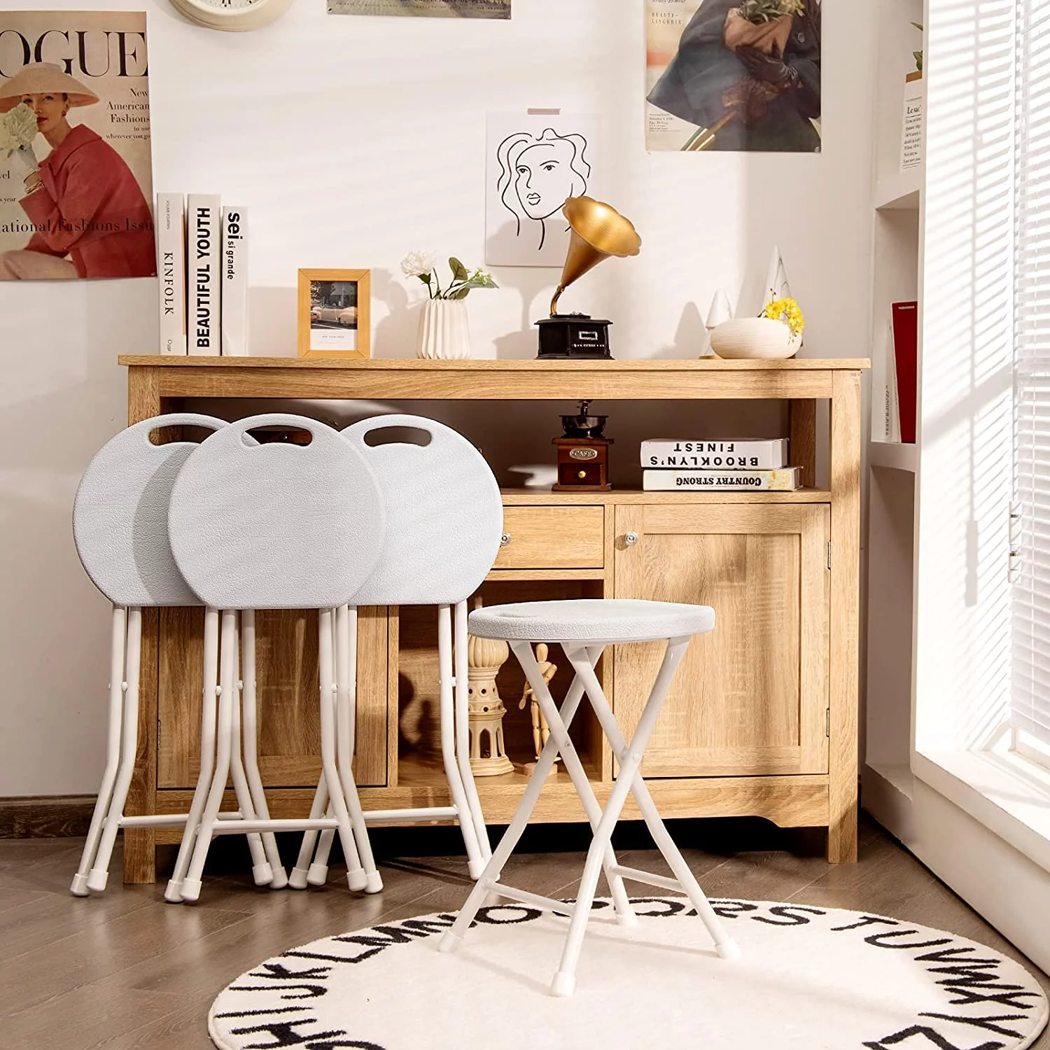 CHNBVC 4 Pack Round Folding Stool  Portable  Stools Set of w/ Handle  X-Shape Connection & Non-Slip Feet  18inch Foldable Backless Chairs for Camping Office  Party  330lbs Capacity