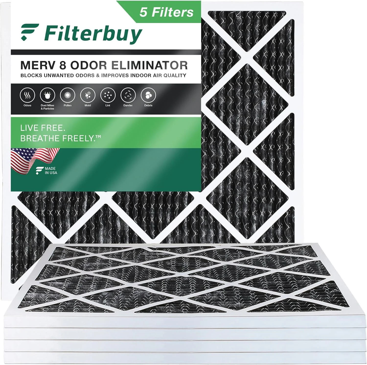 Filterbuy 25x25x1 MERV 8 Odor Eliminator Pleated HVAC AC Furnace Air Filters with Activated Carbon (5-Pack)