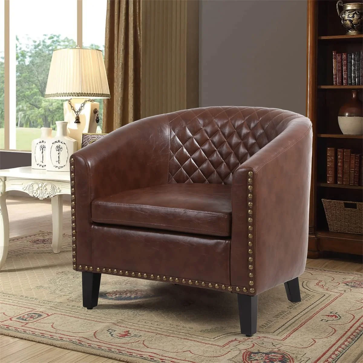 xrboomlife Modern Accent Barrel Chair Living Room Chair with Nailheads Trim and Solid Wood Legs Upholstered PU Leather Armchair Mid-Century Leisure Lounge Chair Single Sofa Chair for Livi