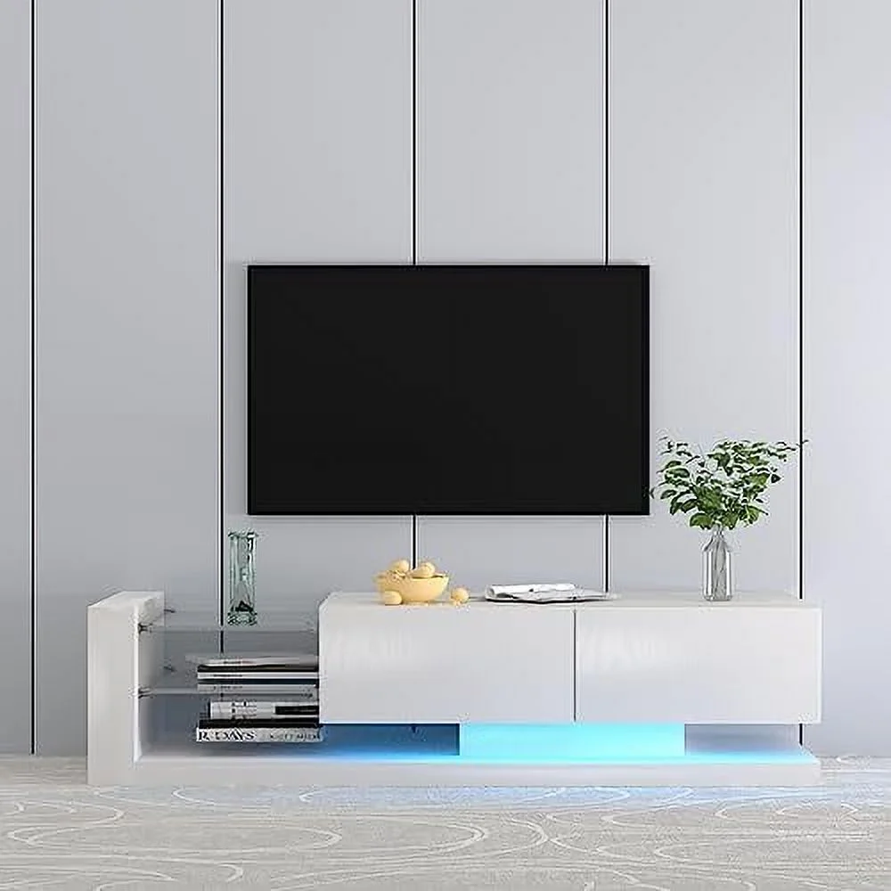 CHYTRE 71 Inch Modern LED TV Stand for 50 55 65 70 75 80 85inch TV  Entertainment Center with Open  and 2  Cabinet  TV Console Media Stand for Living Room  White
