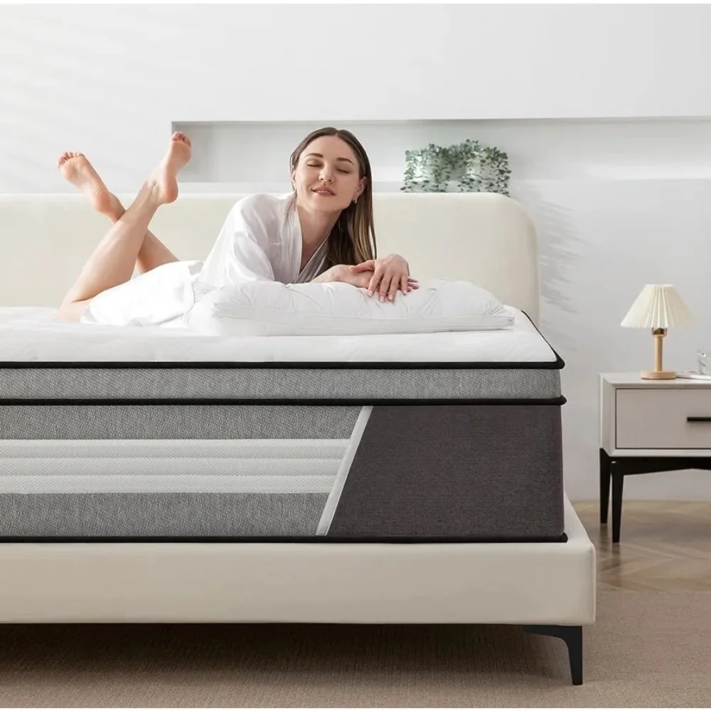 Queen Mattress, 14 Inch Innerspring Hybrid Mattress in a Box with Gel Memory Foam, Individually Wrapped Encased