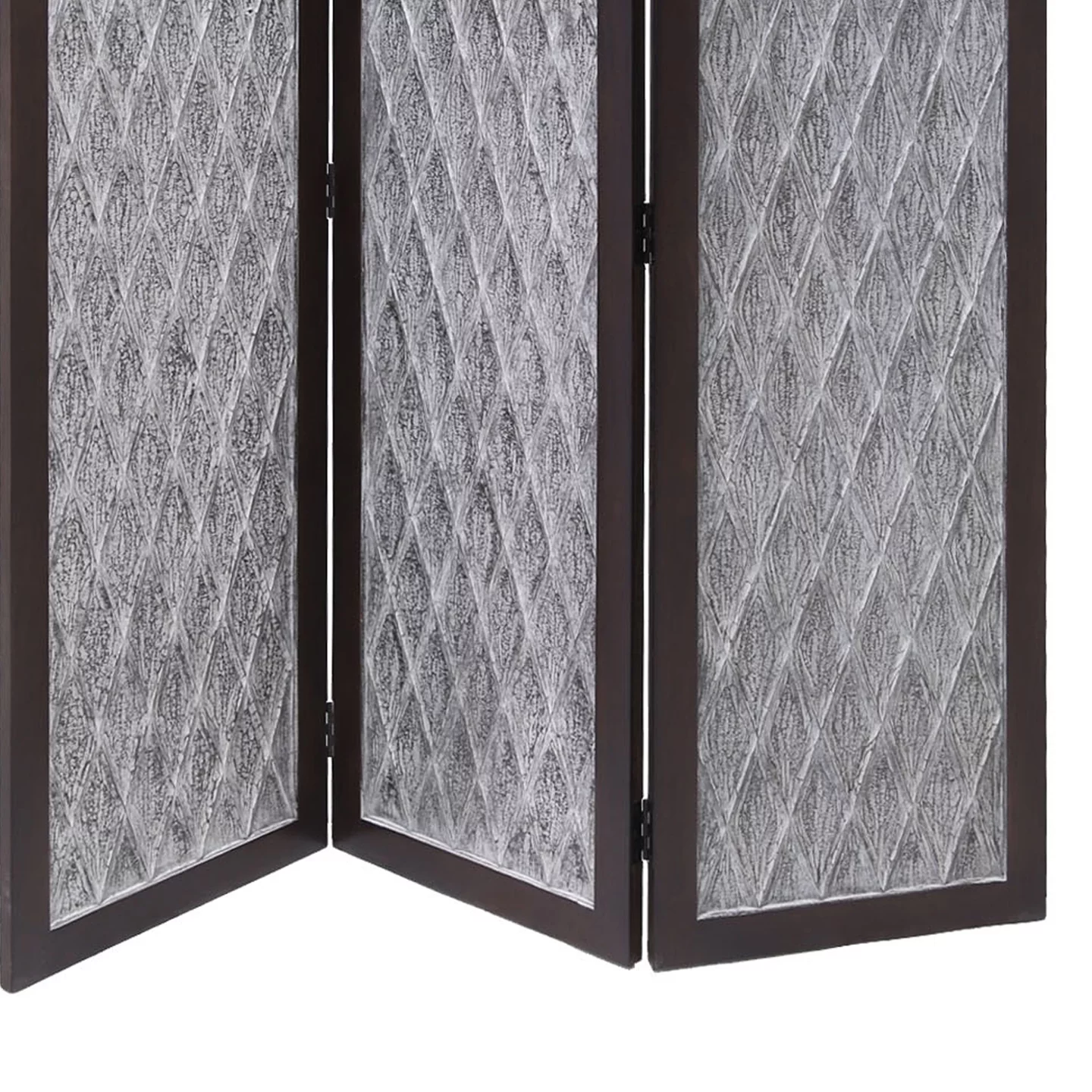 Wooden 3 Panel Room Divider with Textured Diamond Pattern, Gray and Black