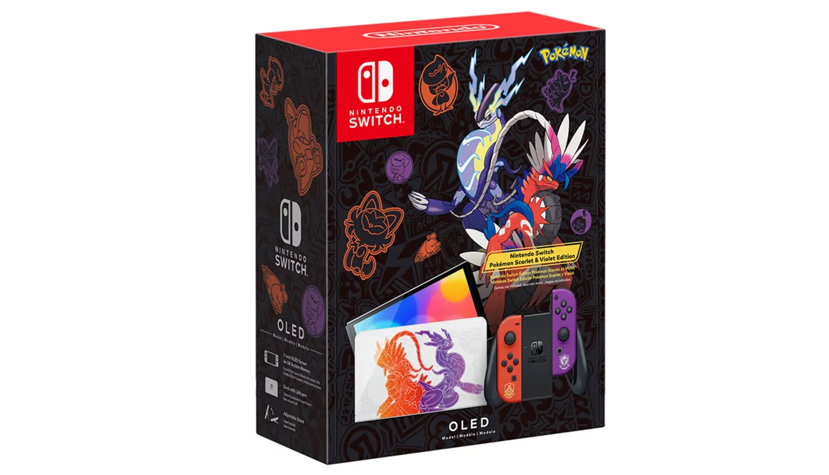 2022 Nintendo Switch OLED Model Pokemon Scarlet & Violet Limited Edition, Pokemon Illustrations 64GB Console, Koraidon and Miraidon Glossy White Dock, Perry Yellow Wireless Pro Controller & Accessory