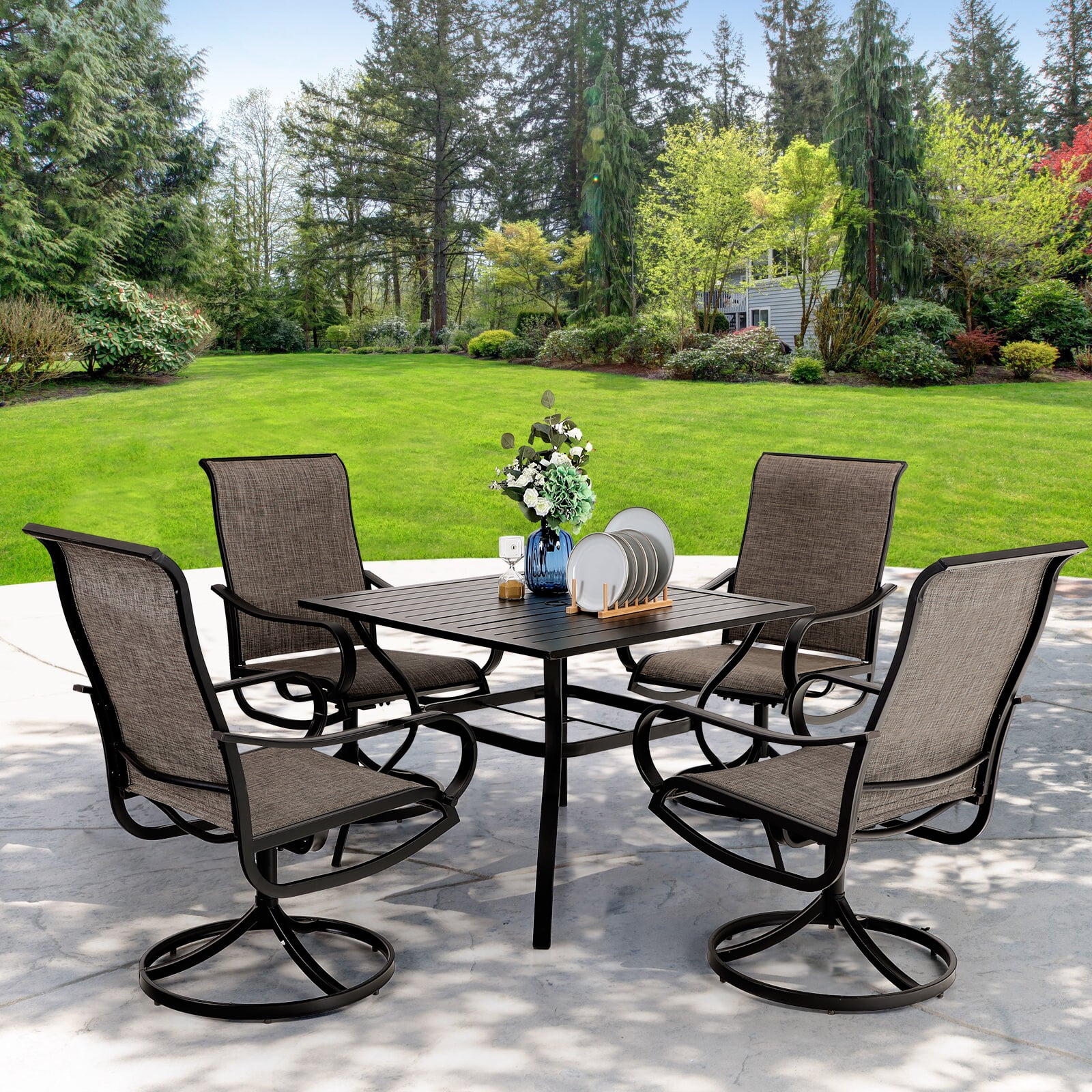 Sophia & William 5 Piece Metal Outdoor Patio Dining Set Outdoor Furniture Set with 1 Steel Square Table & 4 Textilene Swivel Chairs,Black