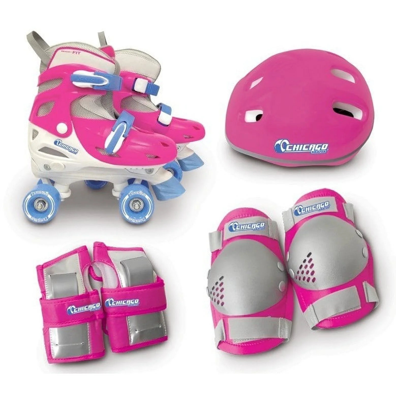 Chicago Girls' Adjustable Quad Roller Skates Combo Set Pink/White/Blue, Size 1-4