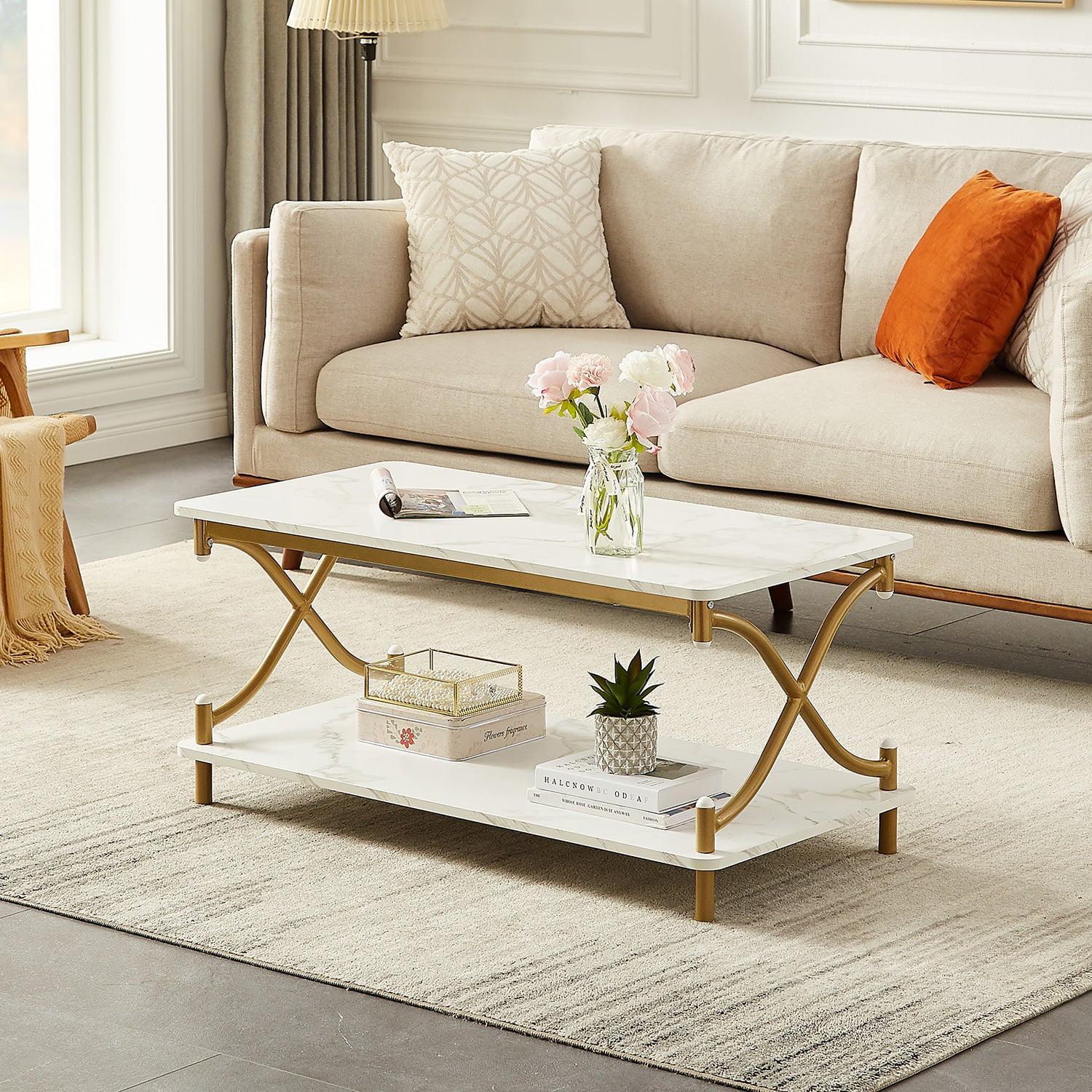 VECELO 3-Piece Coffee Table Set with Coffee Table + 2 End Tables, Modern X-Shaped Design Living Room Table Set, Gold