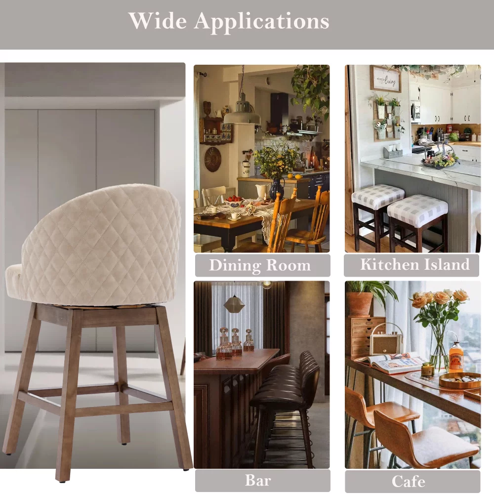 Upholstered Bar Stools, Counter Height 360 Degree Swivel Bar Stool Chairs with Solid Wood Legs Kitchen Island Padded Barstools with Nailhead Trim and Footrest(Apricot PU,Set of 2)