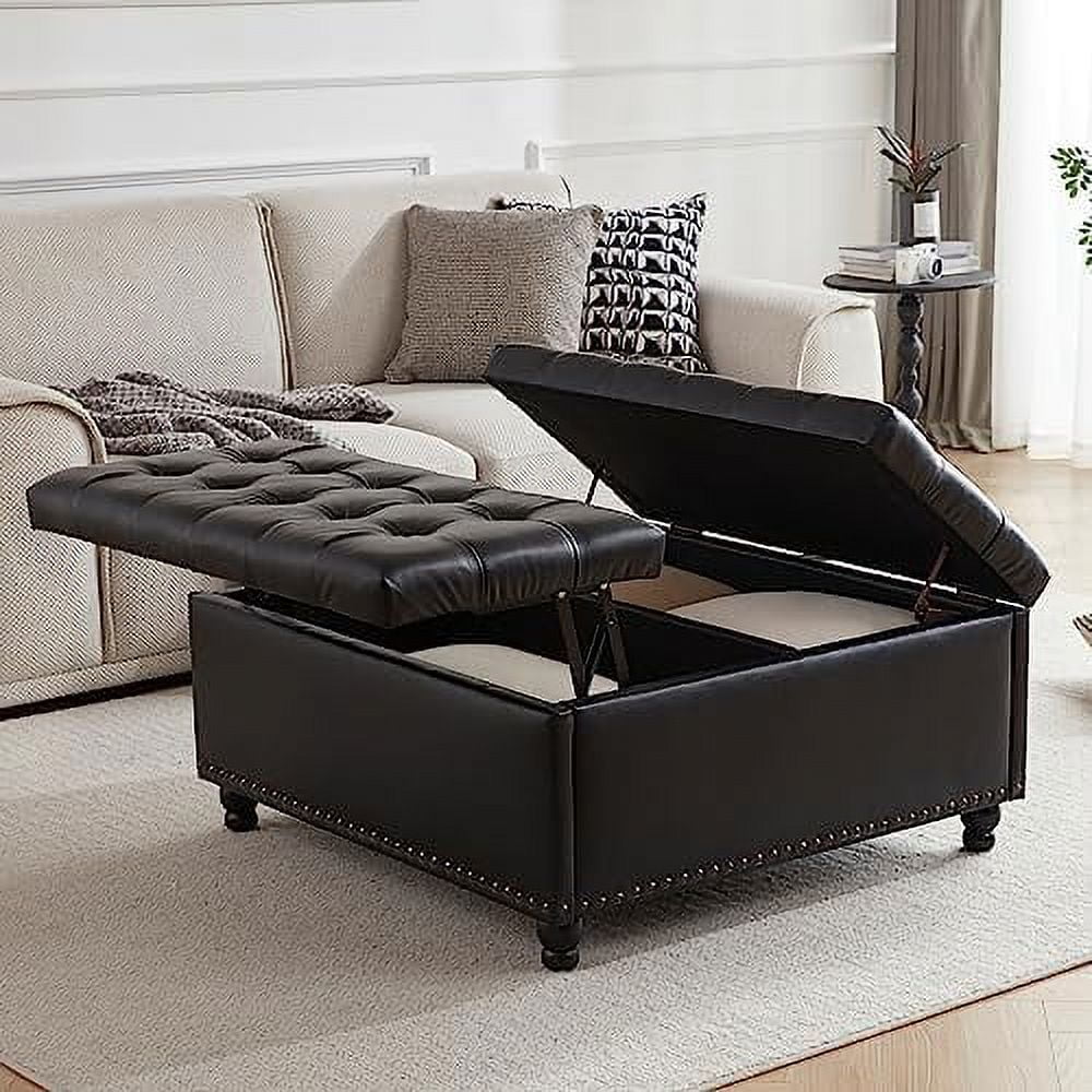 HYHBIBOOM 35.5\u201C Large Square  Ottoman Bench  Tufted Upholstered Coffee Table Ottoman with   Oversized  Ottomans Toy Box for Living Room，Beige