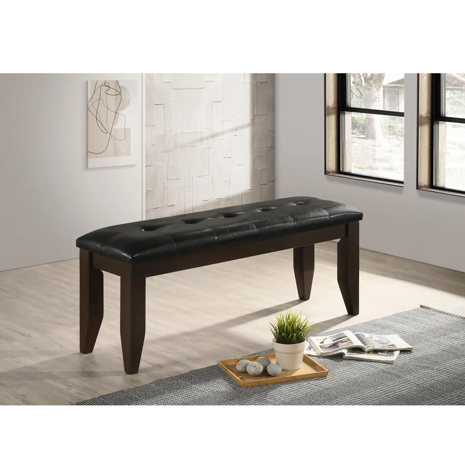 Stylish and Elegant Black Upholstered Cappuccino Dining Bench  Ideal for Modern Dining Spaces and Apartments  with Classic Design Elements