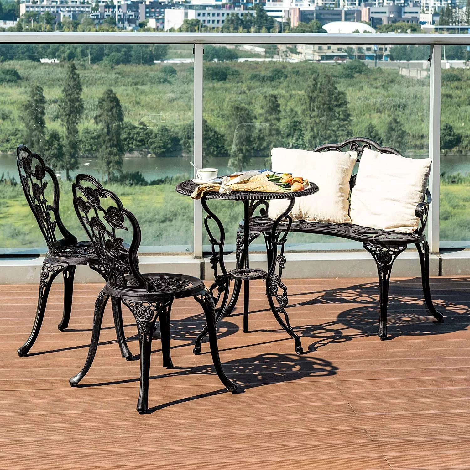 Patio Cast Aluminum Bistro Set with Umbrella Hole 3pcs-DarkBronze-Flower