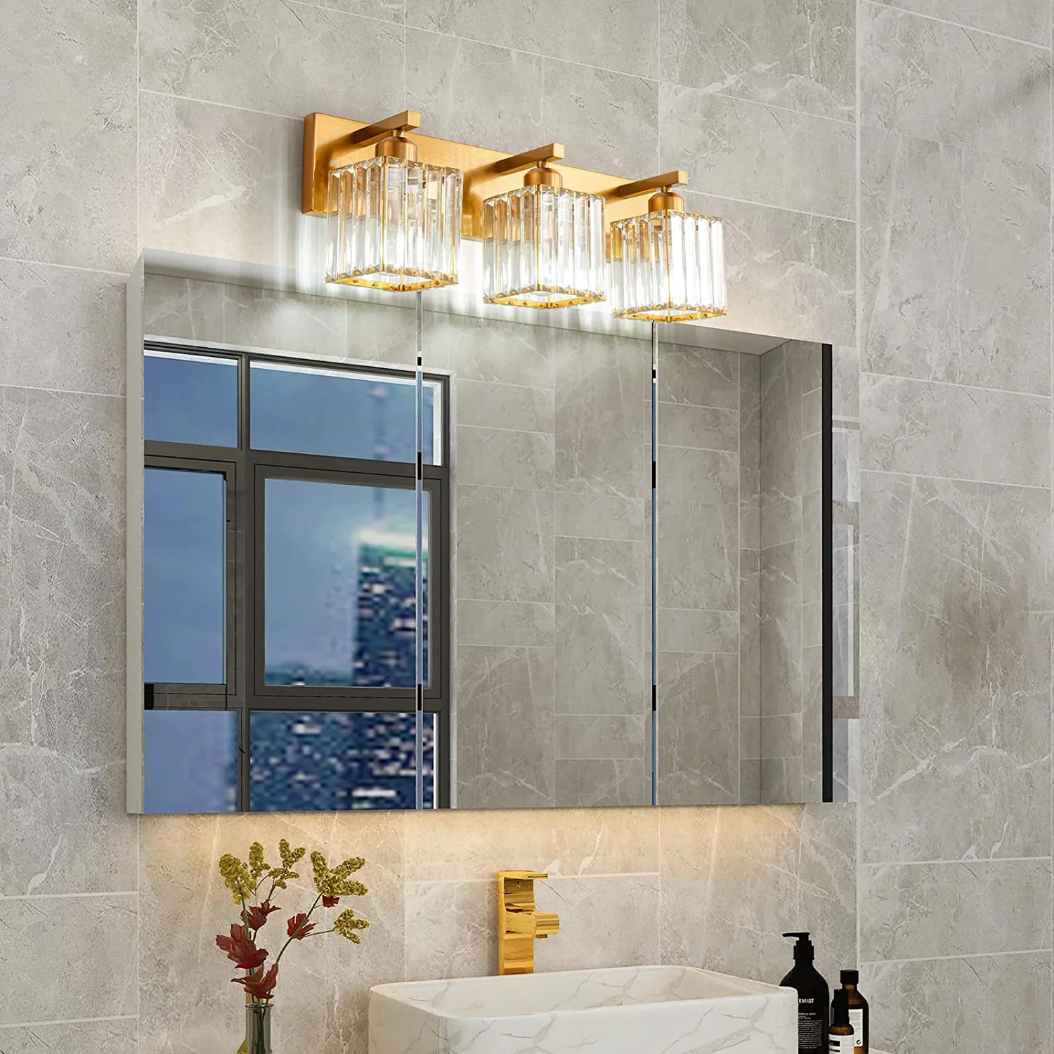 XIANMM Modern Gold Crystal Bathroom Vanity Light 3-Lights Modern Bathroom Wall Light Gold Bathroom Vanity Light Fixtures 002 Gold 3-Light