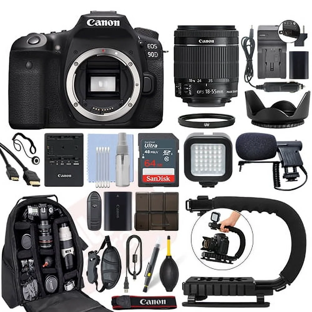 Canon EOS 90D Digital SLR Camera with 18-55mm IS STM Lens + 64GB Pro Video Kit