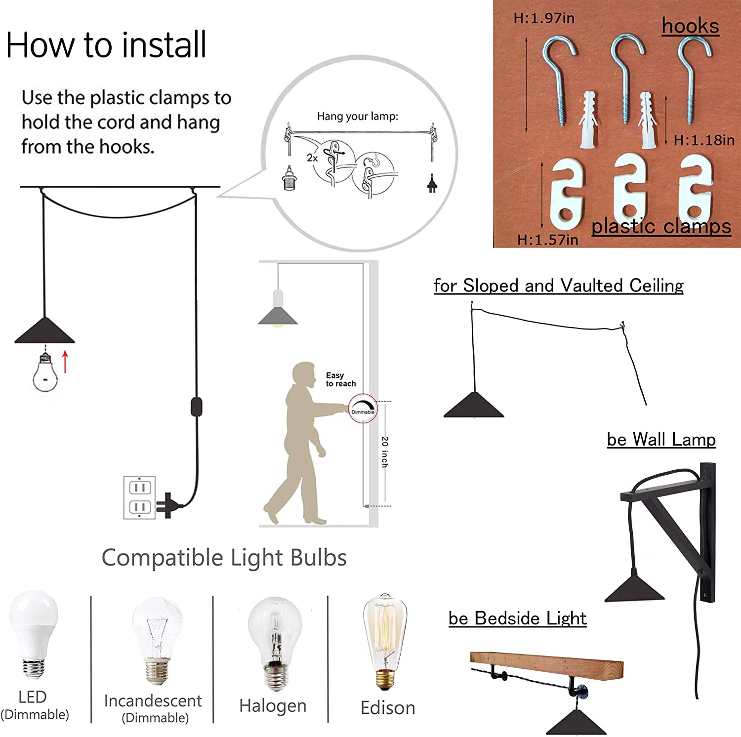 FSLiving Acrylic Handle Pendant Light Swag with Industrial Pulley Design 15ft Plug-in UL Dimmer Switch Cord Macaron Green Lampshade Light Minimalist Sloped Vaulted Ceiling No Wiring Needed - 1 Light
