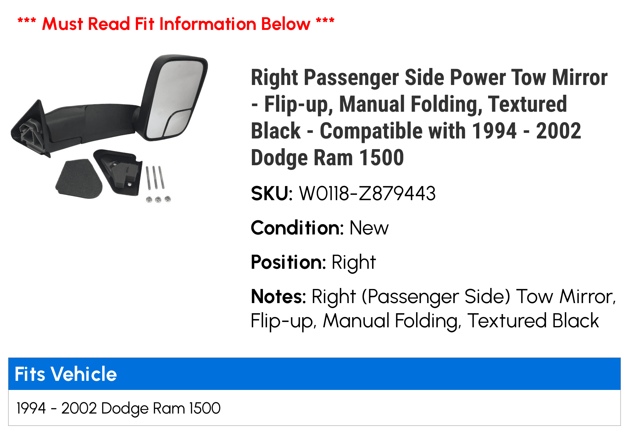 Right Passenger Side Power Tow Mirror - Flip-up, Manual Folding, Textured Black - Compatible with 1994 - 2002 Dodge Ram 1500 1995 1996 1997 1998 1999 2000 2001