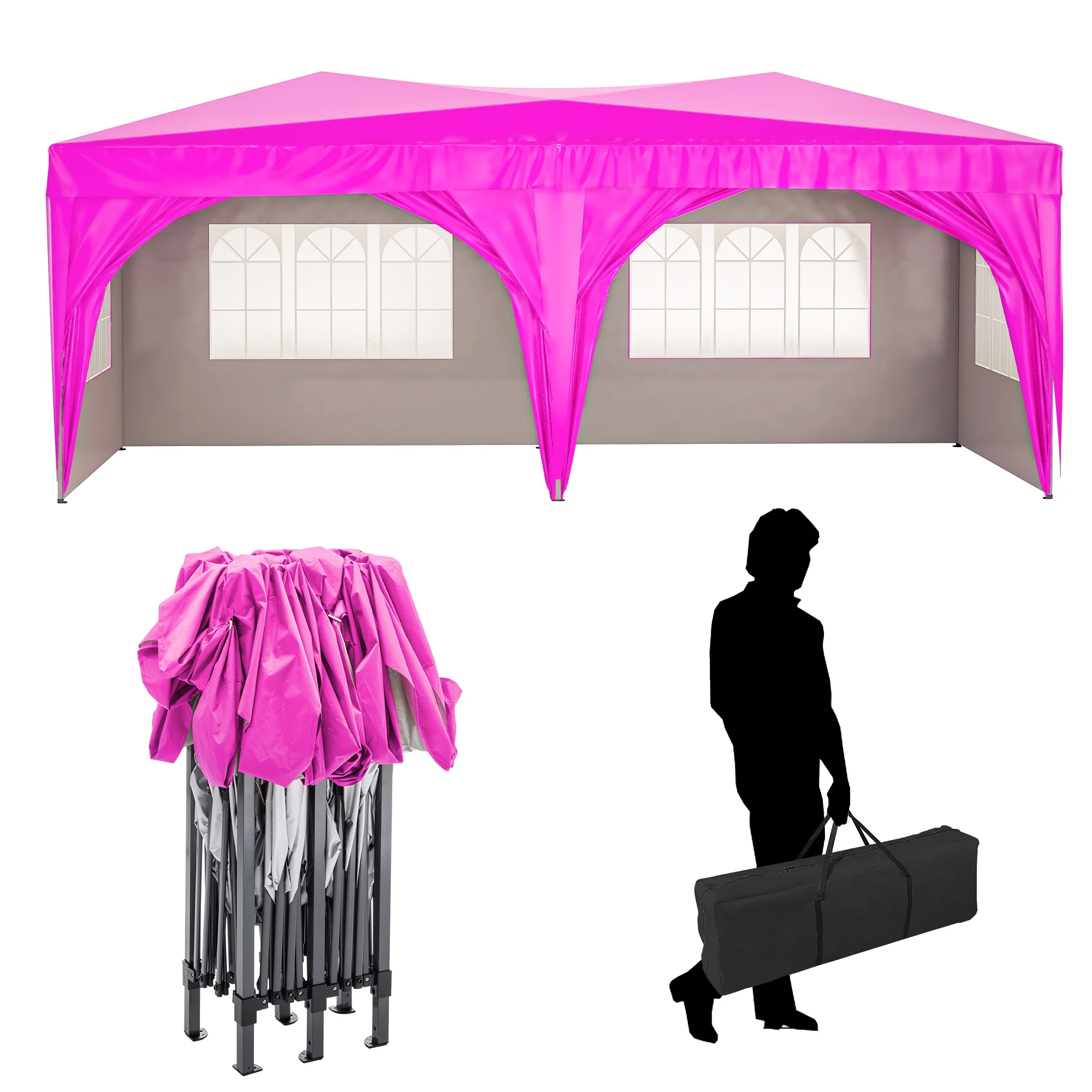 Al Fresco 10x20 Outdoor Canopy Tent, Ez Pop Up Canopy Tent, Waterproof Gazebo with 6 Removable Sidewalls and Carry Bag, Easy Set Outdoor Wedding Camping Pavilion Shelter Cater Events, Pink