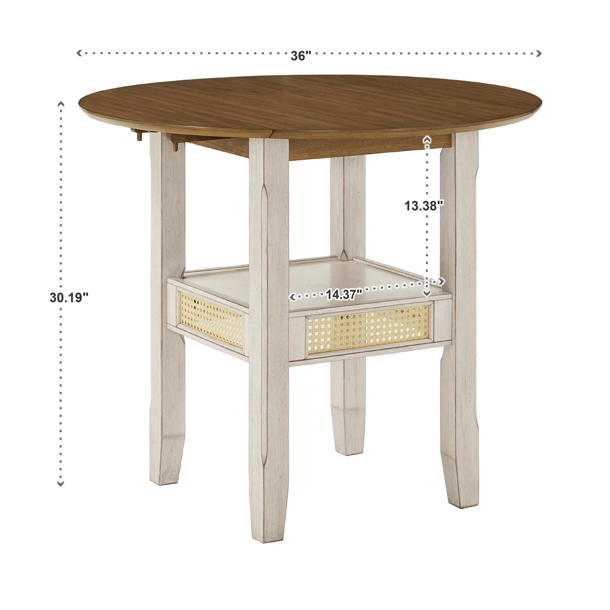 Weston Home Pulukan Cane Accent Round Dining Table with 2-Drop Leaves, Oak and Antique White Finish