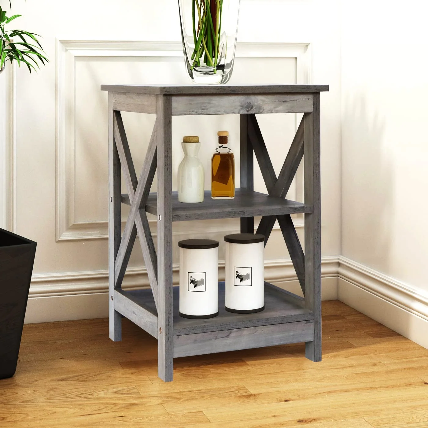 Side Table, Modern Farmhouse Wood End Table with 3-Tier Storage, Washed Oak
