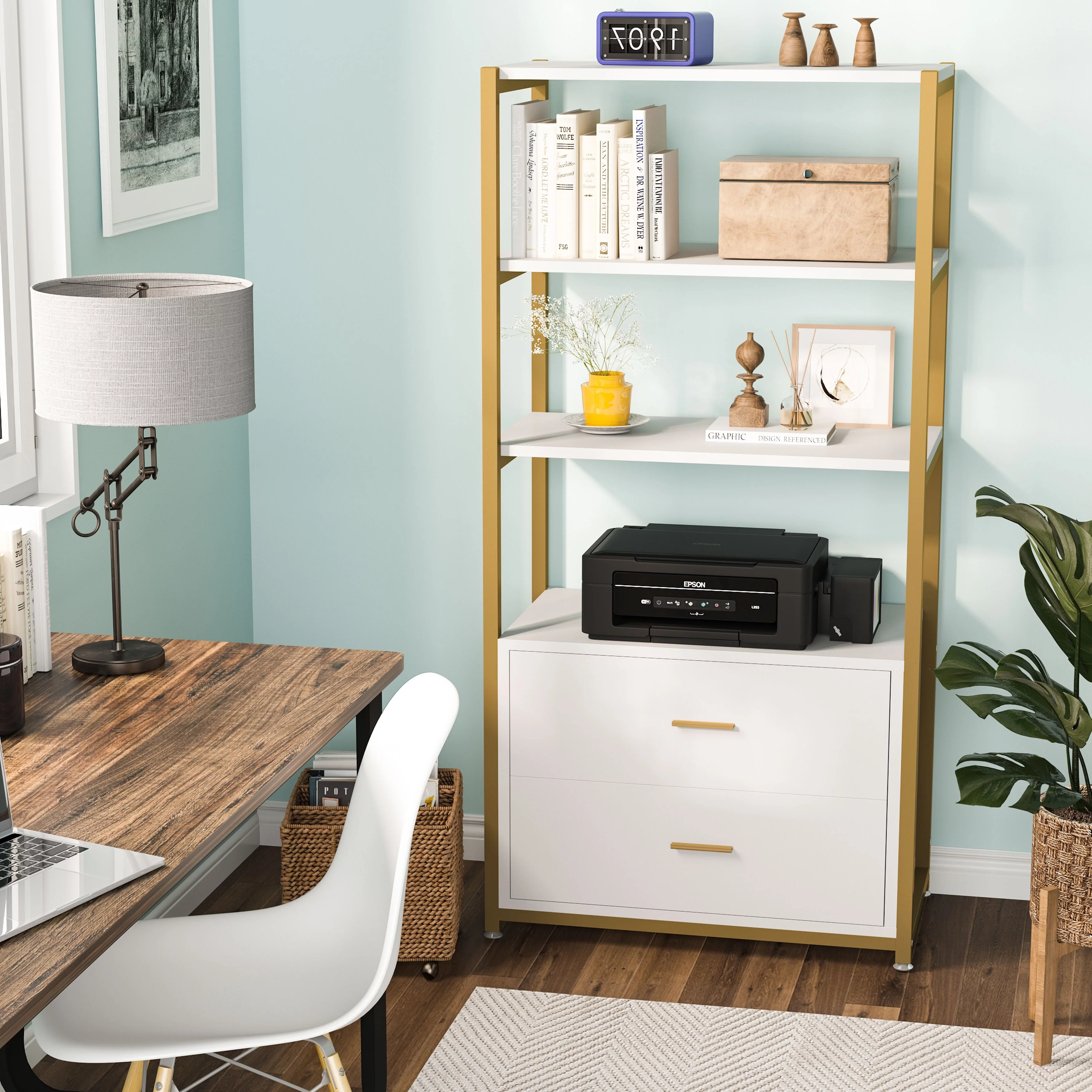 Brown Industrial Bookshelf with 2 Drawers, 5-Tier Bookcase with Open Shelf, Display Decorative Shelf for Living Room Office White/Gold Wood Finish,