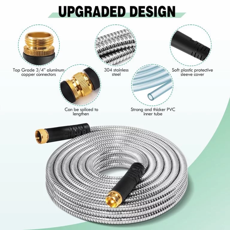 100' 304 Stainless Steel Garden Hose, Lightweight Metal Hose with Free Nozzle, Guaranteed Flexible and Kink Free