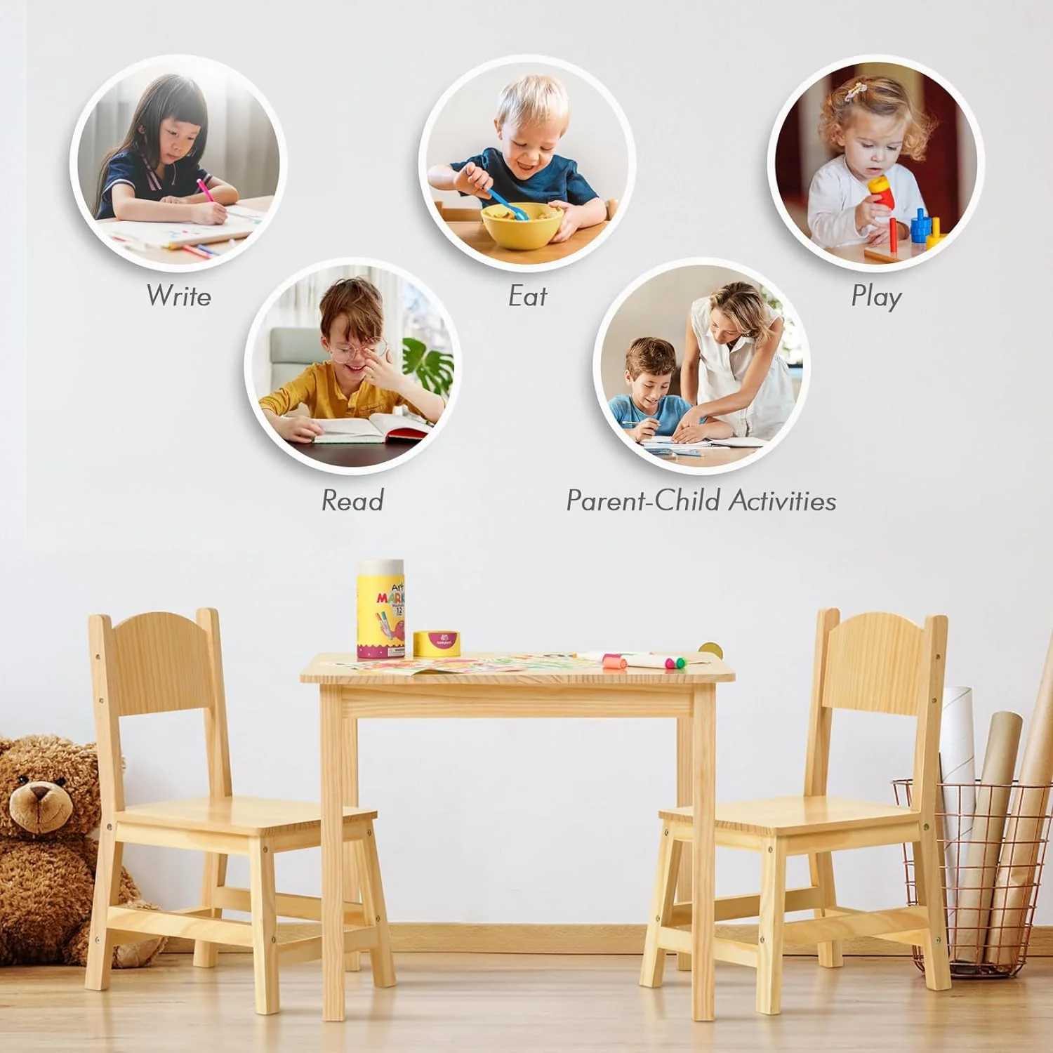 OUWI Solid Wooden Kids Table and Chair Set, Stable and Sturdy, Toddler Table and 2 Chairs Set for Arts, Crafts, Reading, Preschool, Kindergarten, Playroom