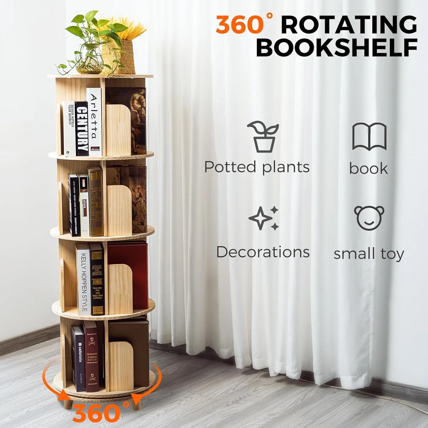 5 Tier Rotating Bookcase With Legs,360°Display Wood Round Bookshelf,Swivel Bookcase