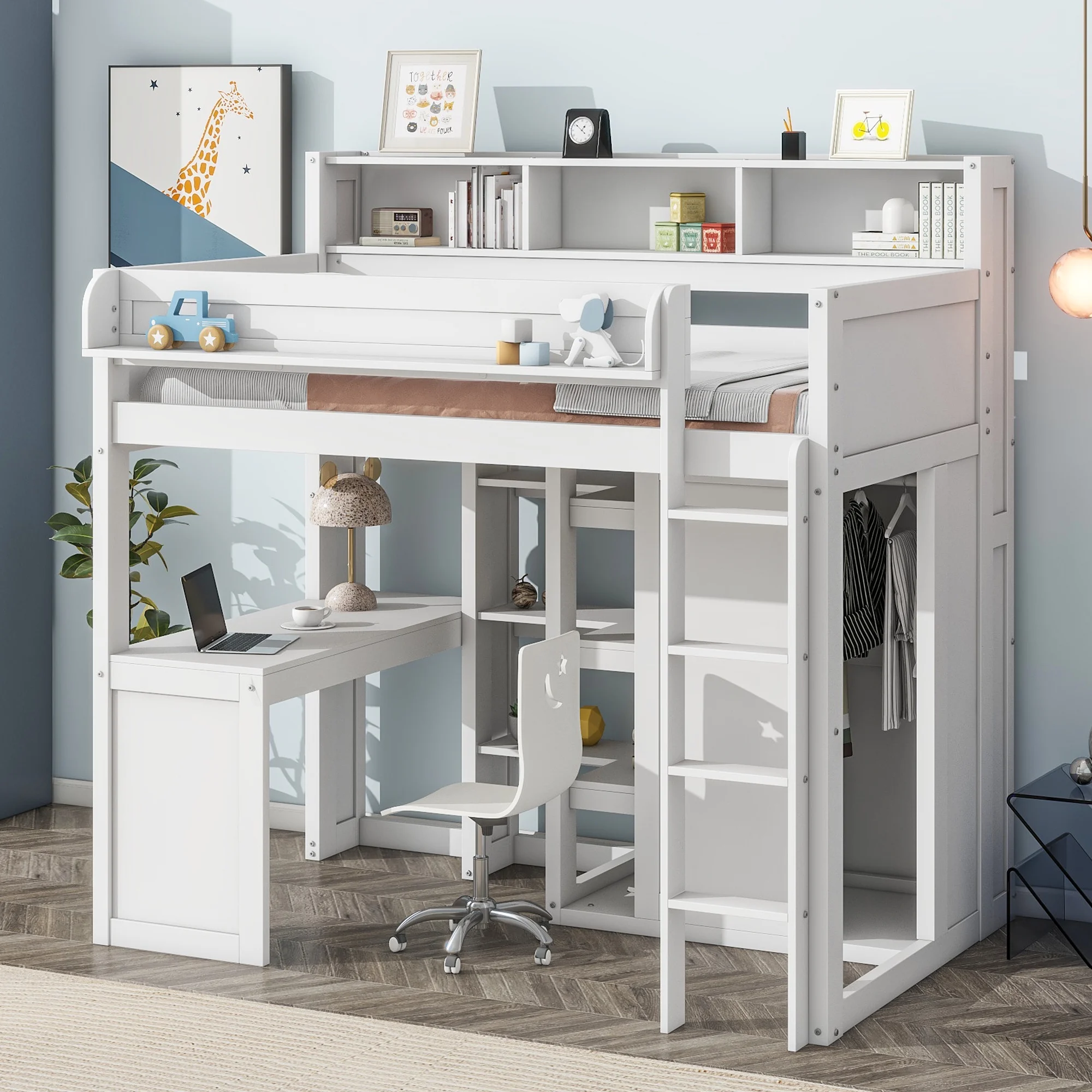 Euroco Pine Wood Twin Size Loft Bed with Desk, Wardrobe with Clothes Hanger and Display Shelves for Kids Bedroom, White