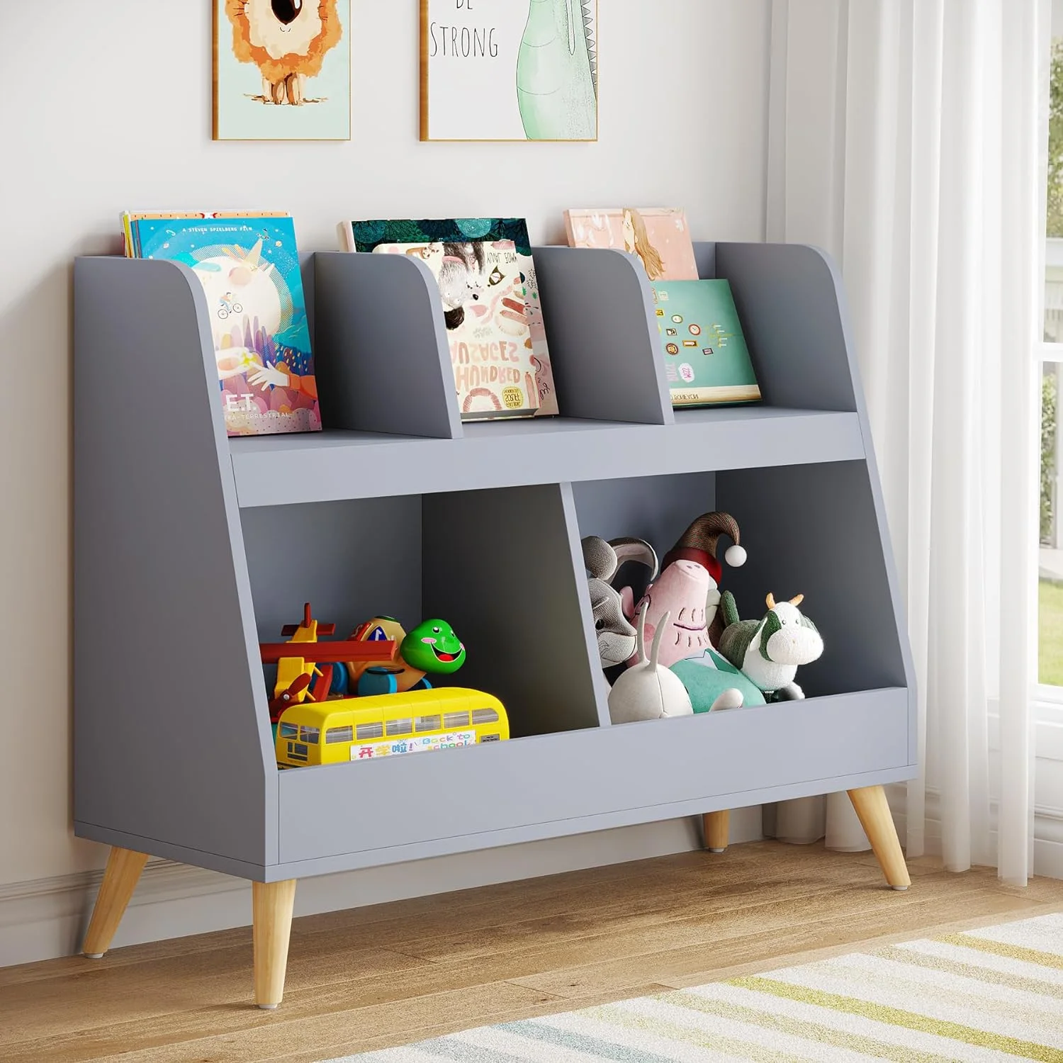 Kids Bookshelf, 5 Cubbies Wooden Open Toy Storage Organizer, 2 Tier Baby Bookcase with Legs, Free Standing Small Bookshelf for Nursery, Playroom, Bedroom and Classroom (Gray)