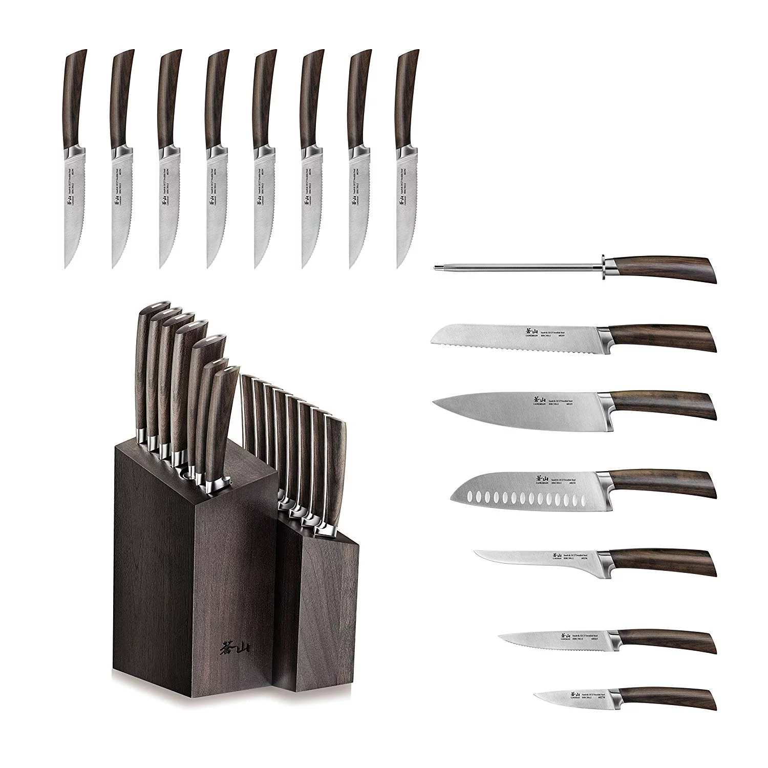 Cangshan A Series 60218 16-Piece Swedish Steel Forged Knife Block Set, Walnut Block