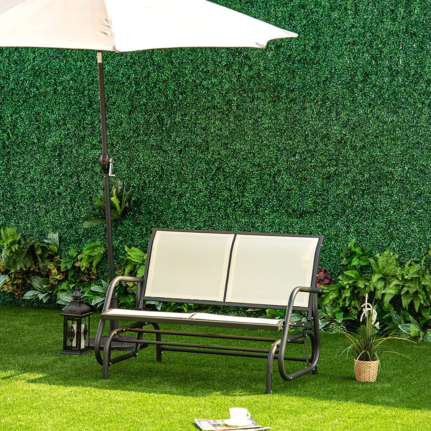 2-Person Outdoor Glider Bench Patio Double Swing Rocking Chair Loveseat w/Power Coated Steel Frame for Backyard Garden Porch, Beige