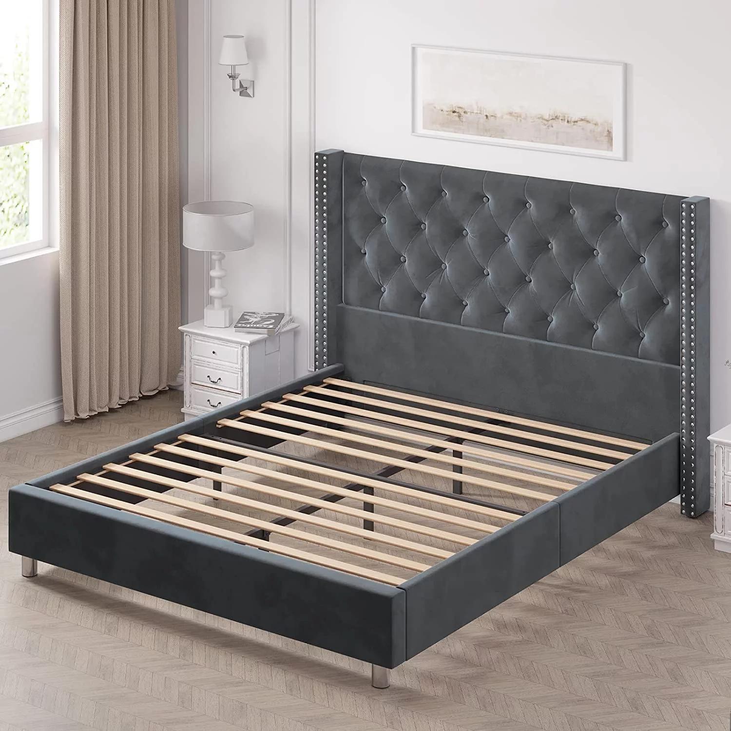 HOWE Queen Size Tufted Upholstered Platform Bed Frame with Raised Headboard/Velvet Bed Frame with Thicker Wingback/Low Profile/No Box Spring Required/Wood Slat Support/Mattress Foundation/Grey
