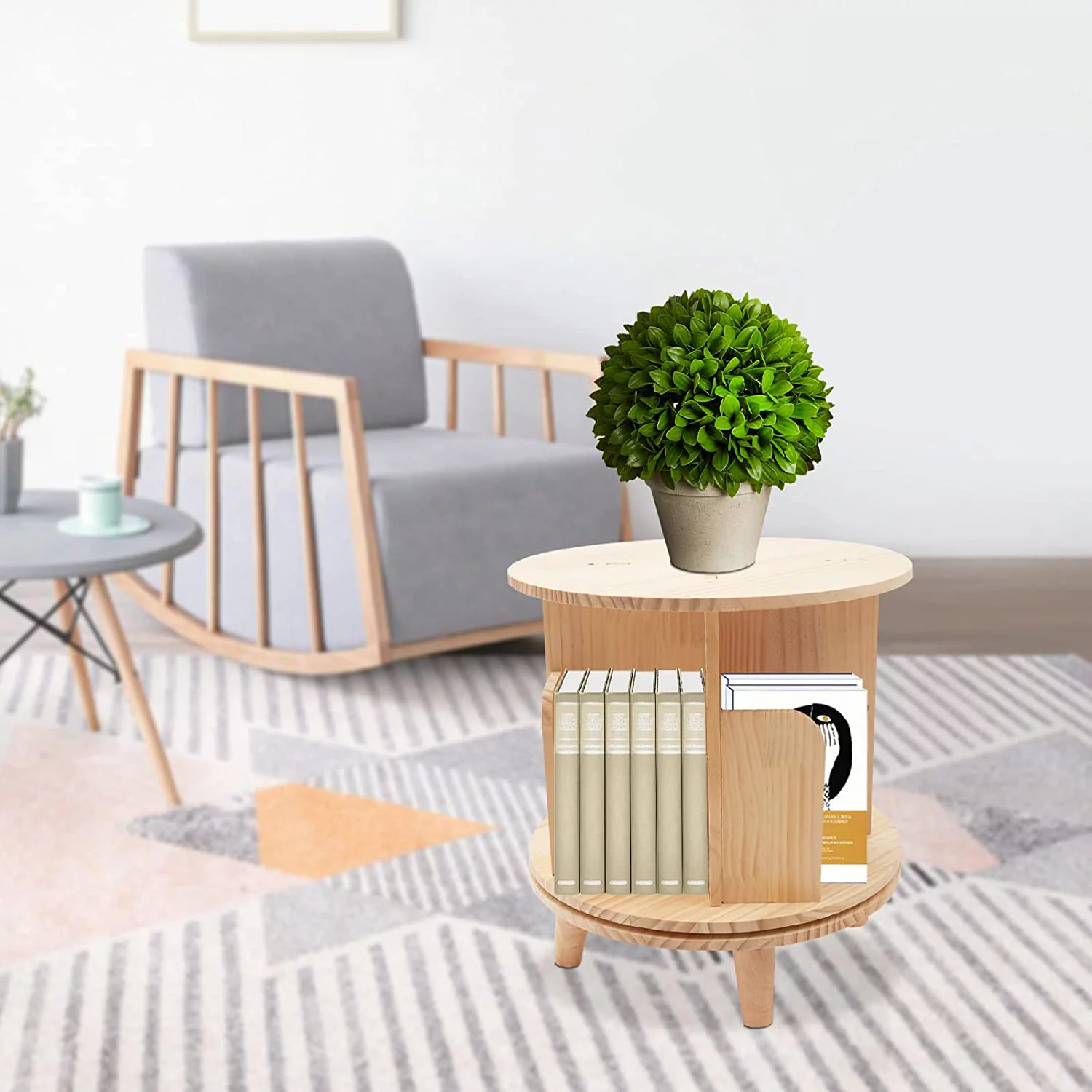 Fichiouy Wood 1 Tier Floor Standing 360 Rotating Bookshelf for Bedroom Living Room Office