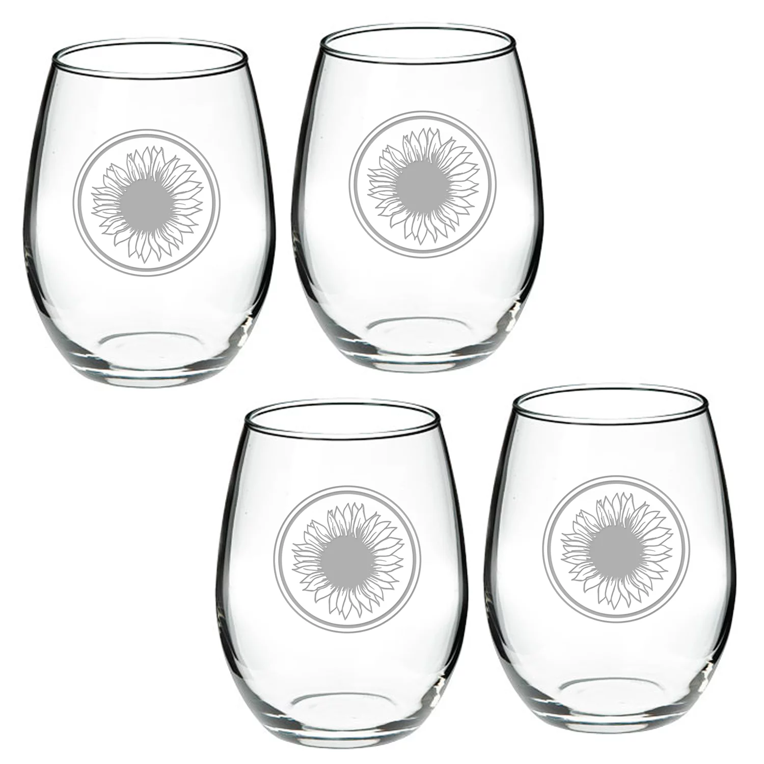 Sunflower Deep Etched Stemless Red Wine Glass Set of 2