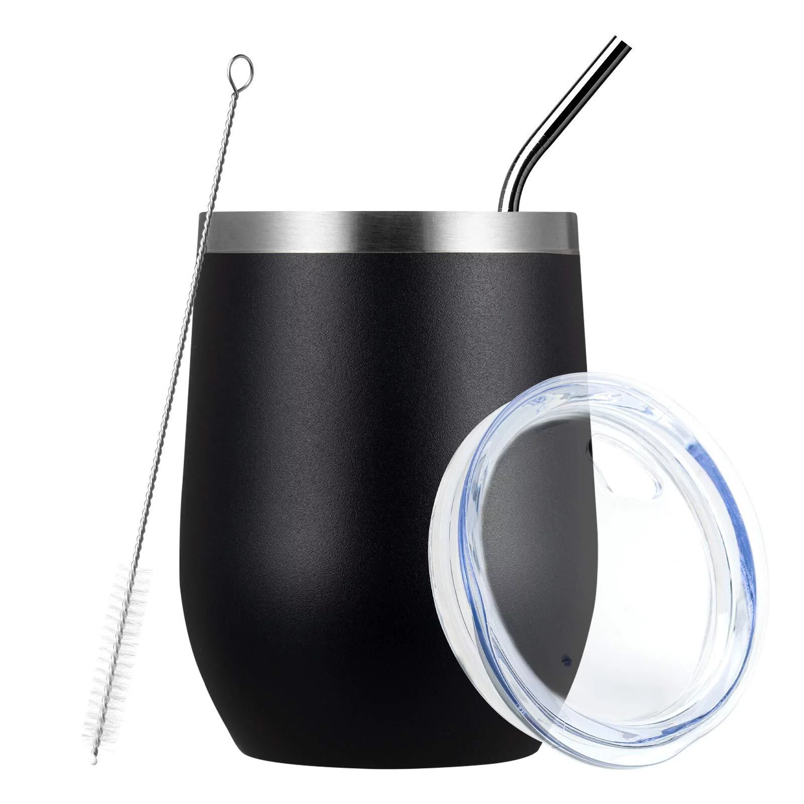Wine Tumbler, 12oz Insulated Wine Tumbler with Lid and Straw, Double Wall Vacuum Stainless Steel for Cold & Hot Drinks Black