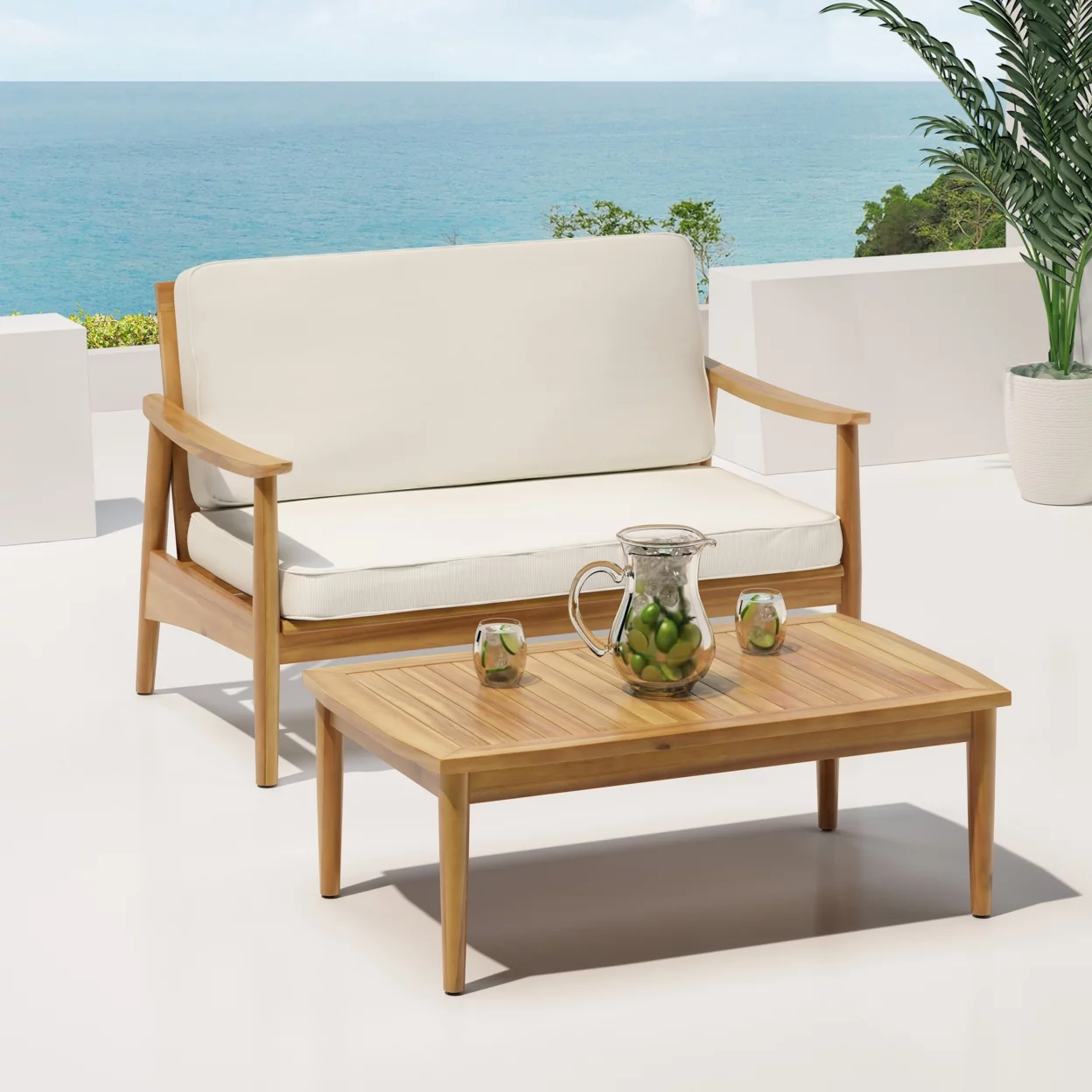GDF Studio Emmry Outdoor Acacia Wood Loveseat Set with Coffee Table, Teak and Beige