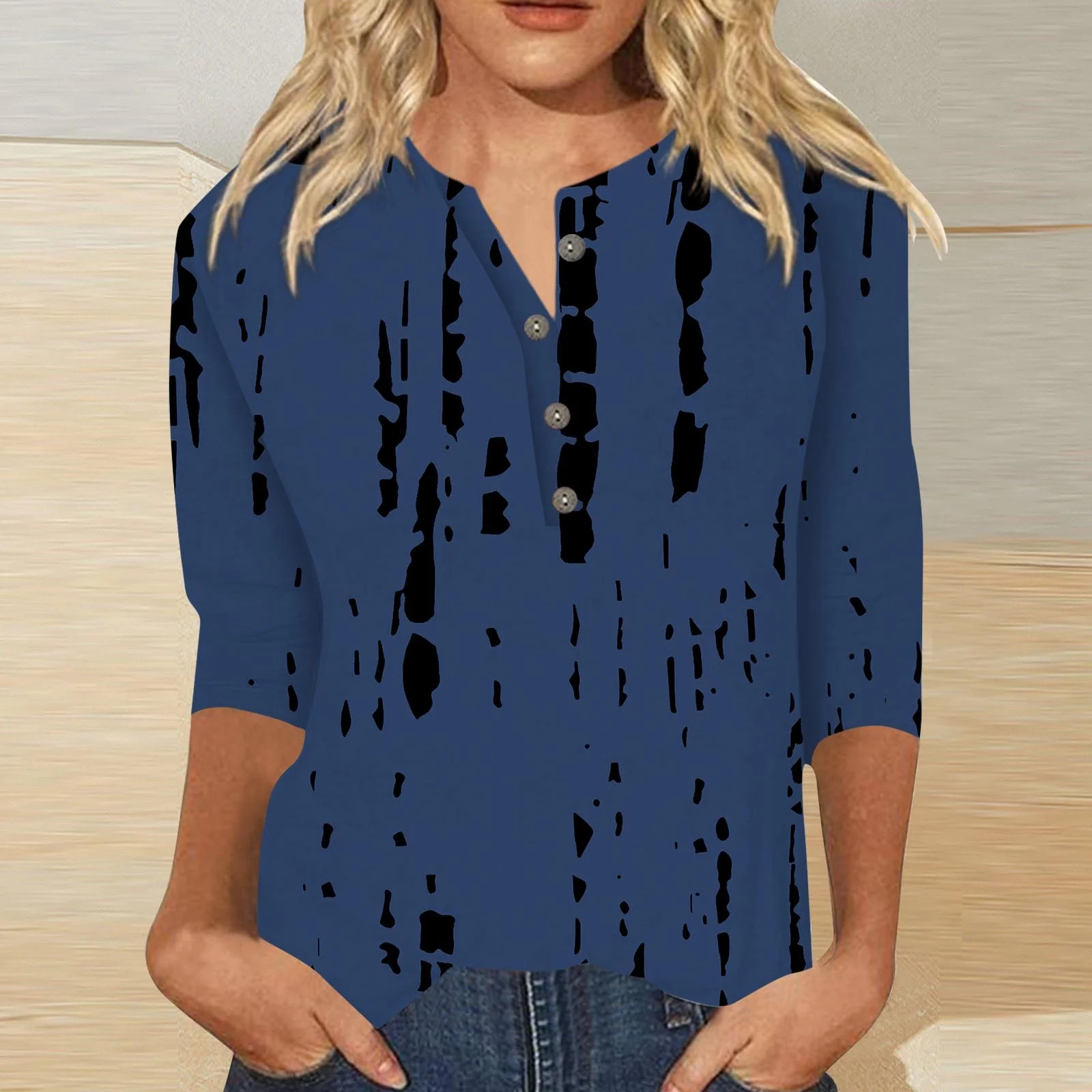 Women's Casual Loose Printed Button Three Quarter Sleeve T Shirt Top